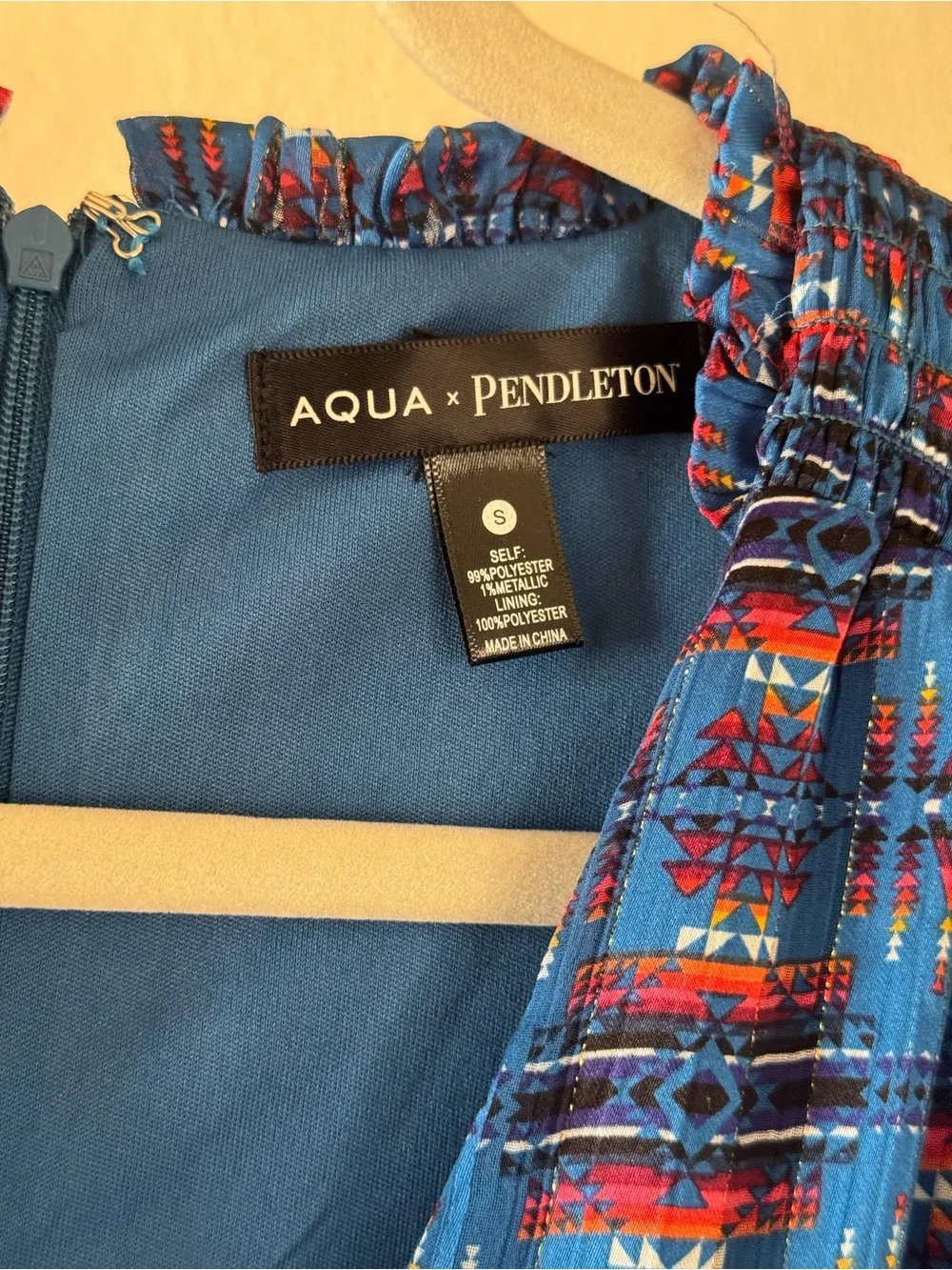 Aqua Blue and Red Patterned Long Sleeve Smocked Mini Dress - Picture 5 of 5